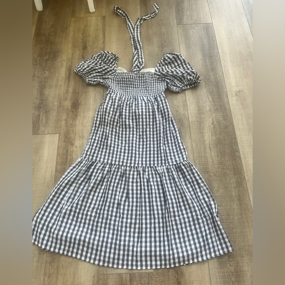 Urban Daizy NWOT Dress Sz L MIDI Gingham Black White Check BowCutout Puff Sleeve
